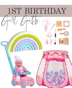 a birthday gift guide for girls with toys and gifts in the background text overlay reads, 1st birthday girl gifts