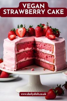 Vegan Strawberry Cake Strawberry Vegan Cake, Best Vegan Cake, Vegan Strawberry Cake, Strawberry Buttercream Frosting, Dairy Free Frosting, Strawberry Birthday Cake, Vegan Buttercream, Dairy Free Baking, Vegan Birthday Cake