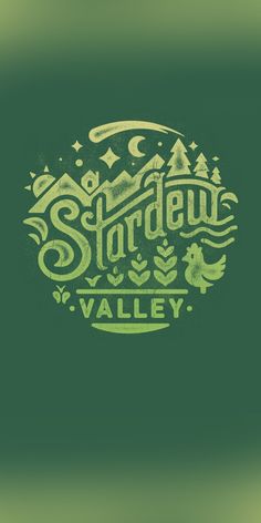 a green and yellow logo with the words stardew valley written in white on it