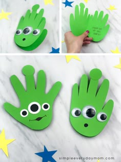 handprinted green paper with googly eyes and stars