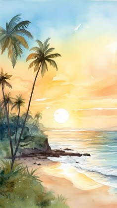 a painting of palm trees on the beach at sunset