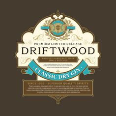 the logo for driftwood classic dry gin, which is available in various sizes and colors