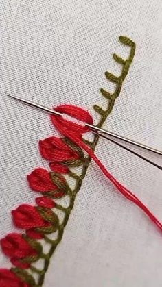 a close up of a pair of scissors and some thread on a piece of fabric