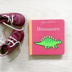 a pair of red shoes next to a pink book with a green dinosaur on it