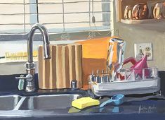 an oil painting of kitchen sink with utensils and other items on the counter