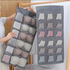 a woman is holding an over the door shoe organizer