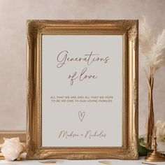 an ornate gold frame with the words generations of love on it