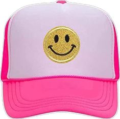 Adjustable Smiley Face Cap, Summer Smiley Face Baseball Cap, Summer Baseball Cap With Smiley Face, Adjustable Smiley Face Baseball Cap For Summer, Adjustable Fun Hat With Smiley Face, Fun Adjustable Brimmed Trucker Hat, Cute Adjustable Smiley Face Hat, Cute Adjustable Hat With Smiley Face, Summer Trucker Hat With Smiley Face