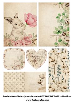 an assortment of papers with flowers and rabbits on them