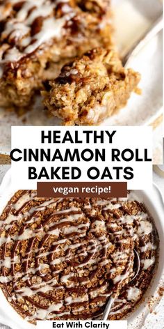 healthy cinnamon roll baked oats with glaze on top and in the background, there is