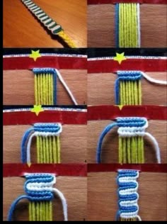 four pictures showing how to make a crochet bracelet with beads and yarns