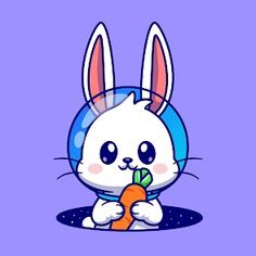 a cartoon rabbit holding a carrot in its paws and wearing a bunny costume on it's head