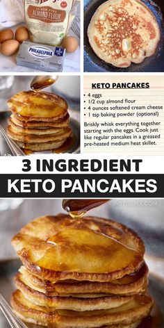 three ingredient keto pancakes with ingredients in the background and instructions to make them at home