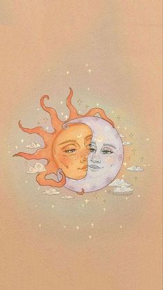 a drawing of two faces, one with sun and moon on it's face