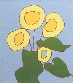 a painting of yellow flowers on a blue background