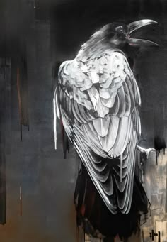 a painting of a black and white bird