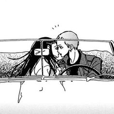 a man and woman are kissing in the back of a car with their head out the window