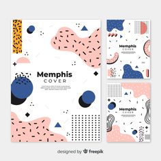 two covers with geometric shapes in pink, blue and black colors on white background for the cover