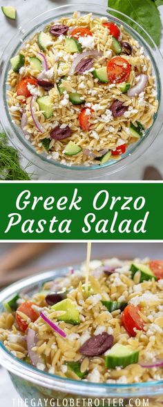 greek orzo pasta salad in a glass bowl