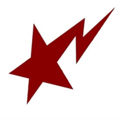 a red star with two arrows pointing up to the right and left side, on a white background