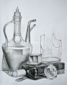 a pencil drawing of an old fashioned teapot and other items