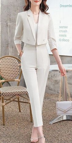 Elegant Beige Pants, Elegant Beige Bottoms, Spring Office Lady Bottoms For Office Wear, Elegant Beige Pants For Business Casual, Elegant Wide Leg Pantsuit With Pockets, Elegant Beige Ankle-length Pants, Elegant Beige Pants For Office, Elegant Beige Office Pants, Chic White Pants For Office Wear