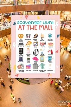 the scavenger hunt at the mall poster is displayed in front of an overhead view