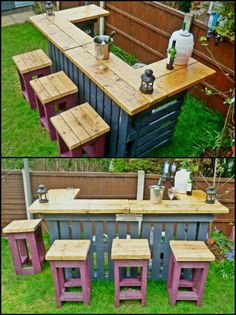 an outdoor bar made out of pallet wood and metal barstools with stools