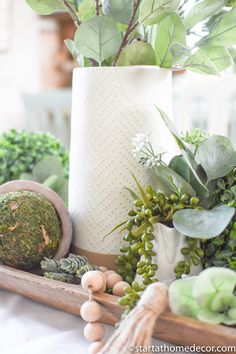 a table topped with green plants and potted plants next to a white vase filled with greenery