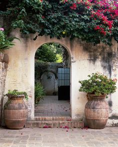 two large vases with flowers on them are in front of an archway that leads to a garden