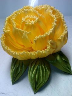 a yellow flower with green leaves on a white surface