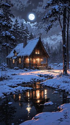 a cabin in the woods is lit up at night with snow on the ground and trees