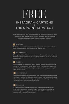 the 5 point strategy for instagram captions is shown in black with gold dots