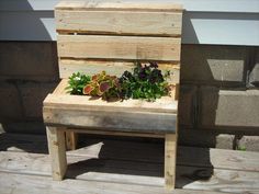 a wooden bench with plants growing in it