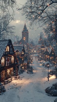 a snowy village with christmas lights on the trees