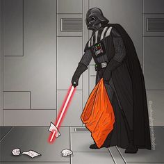 a darth vader character holding a bag and throwing it into the trashcan