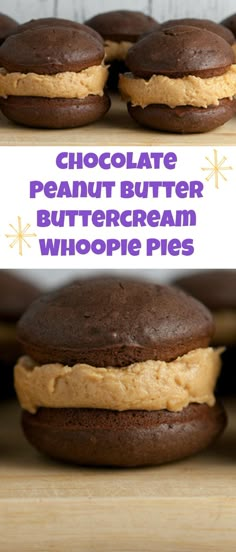 chocolate peanut butter ice cream whoopie pies on a wooden table with text overlay