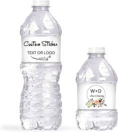 two water bottles with labels on them sitting next to each other in front of a white background