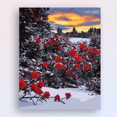 a painting of red roses in the snow with trees and clouds behind them at sunset