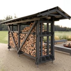 a large pile of logs sitting in front of a firewood storage shed on top of a dirt field