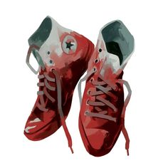 a pair of red sneakers with white laces on the top and bottom, painted in watercolor