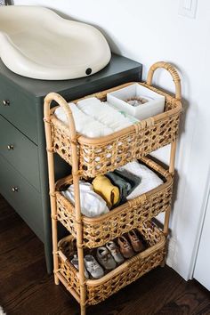 Diaper Changing Basket Idea 3 Tier Basket Stand Nursery, Changing Station In Parents Room, Baby Changing Shelves, Boho Changing Basket, Boho Changing Station, Small Nursery Furniture, Bedroom Changing Station, Nursery Changing Basket, Nursery Ideas Changing Station