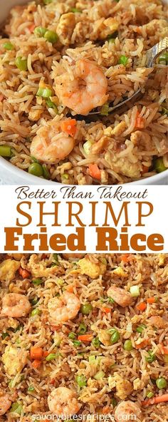 shrimp fried rice with peas and carrots in a white bowl