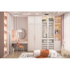 a bedroom with white closets and pink walls in the corner, along with a bed that has an orange blanket on it