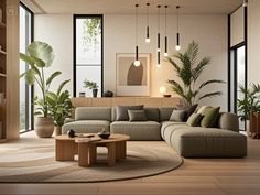 a living room filled with lots of furniture and plants on the wall next to windows