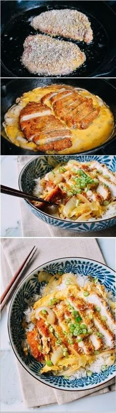 three different views of food being cooked in pans with chopsticks on the side