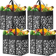 three black shopping bags filled with different types of fruits and veggies in them