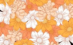 an orange and white flower pattern with many flowers on it's sides, all in different colors