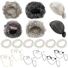 an assortment of wigs and eyeglasses are shown