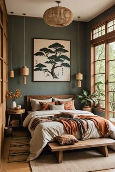 Asian Boho Bedroom, Bedroom Decor Boho Minimalist, Electric Boho Bedroom, Unique Bedroom Flooring Ideas, Japanese Boho Living Room, Moody Green Bedroom Vintage, Boho Chic House Interiors, Plant Guest Bedroom, Elegant Room Decor Bedroom Classy